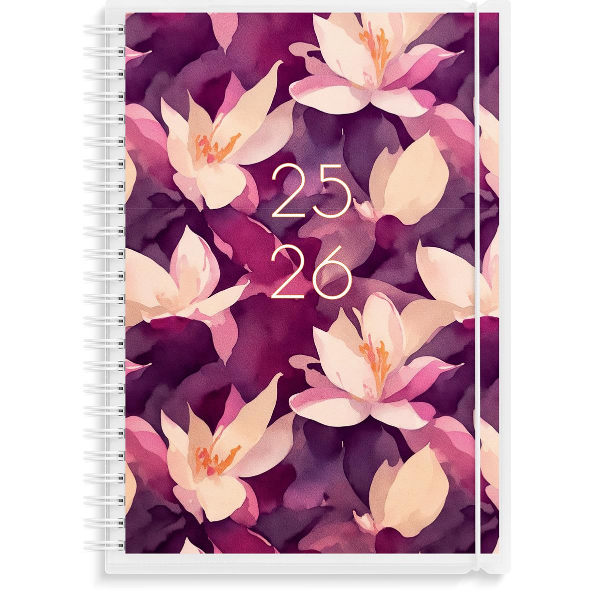 Almanacka med blommönster i rosa och lila, datum 25-26 på omslaget