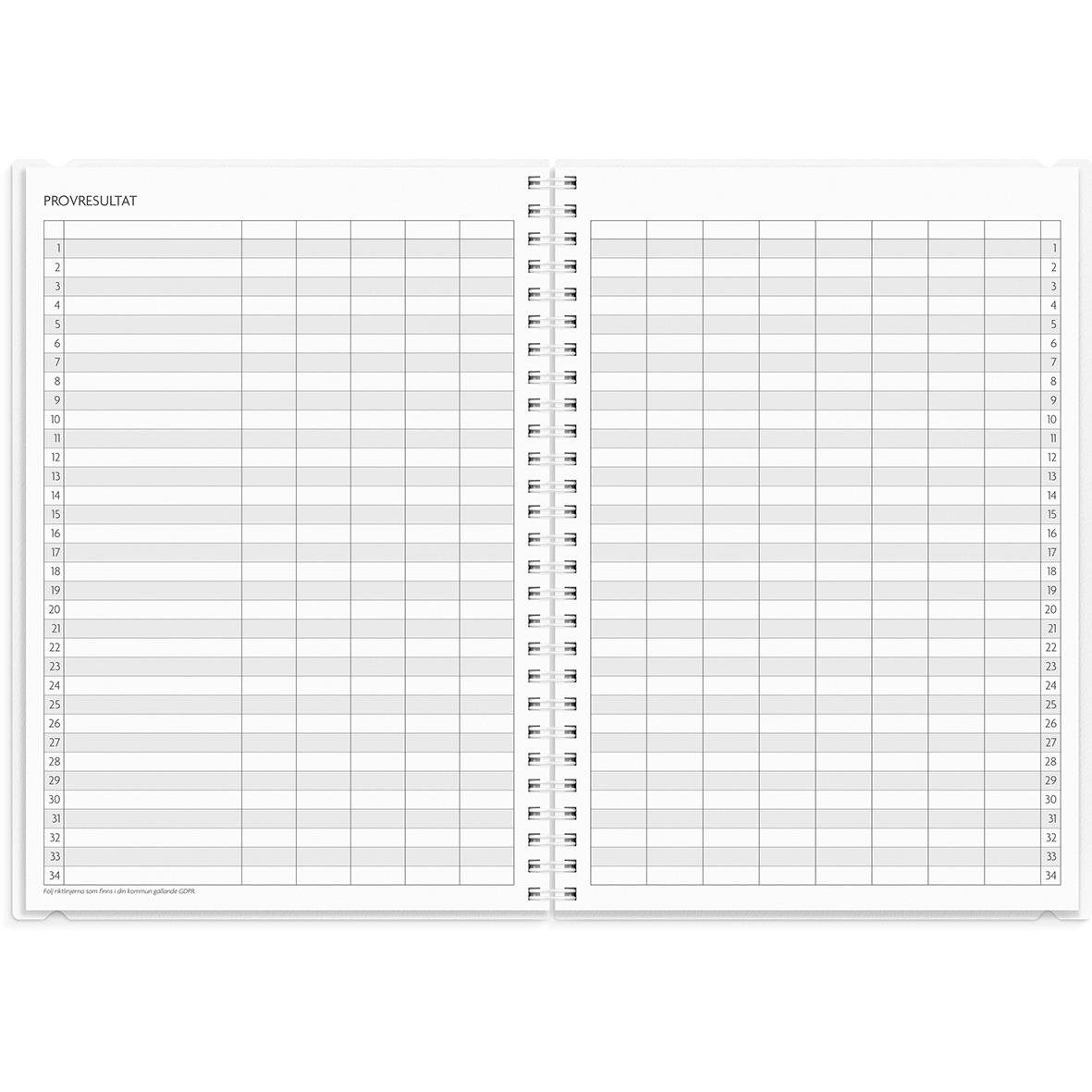 Studiealmanacka för 25-26 med rosa och orangea horisontella band, spiralrygg och elastiskt band