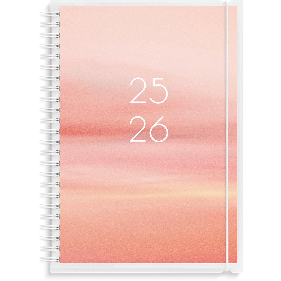 Studiealmanacka för 25-26 med rosa och orangea horisontella band, spiralrygg och elastiskt band