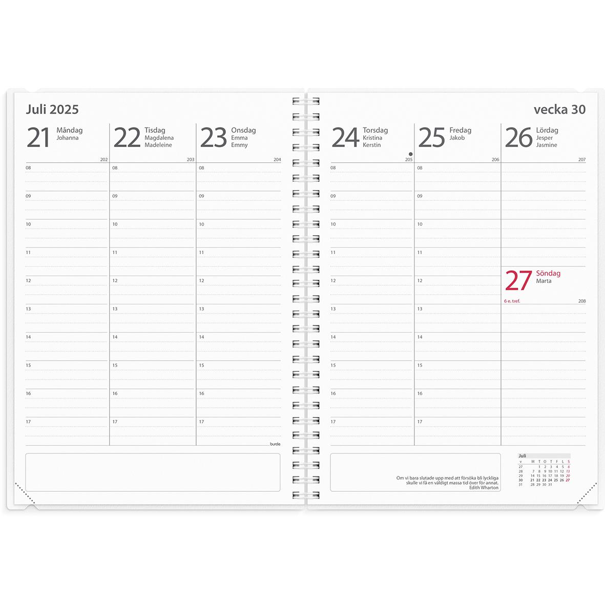 Öppen almanacka för juli 2025 med veckodagar och datum, visar vecka 30 och söndag den 27