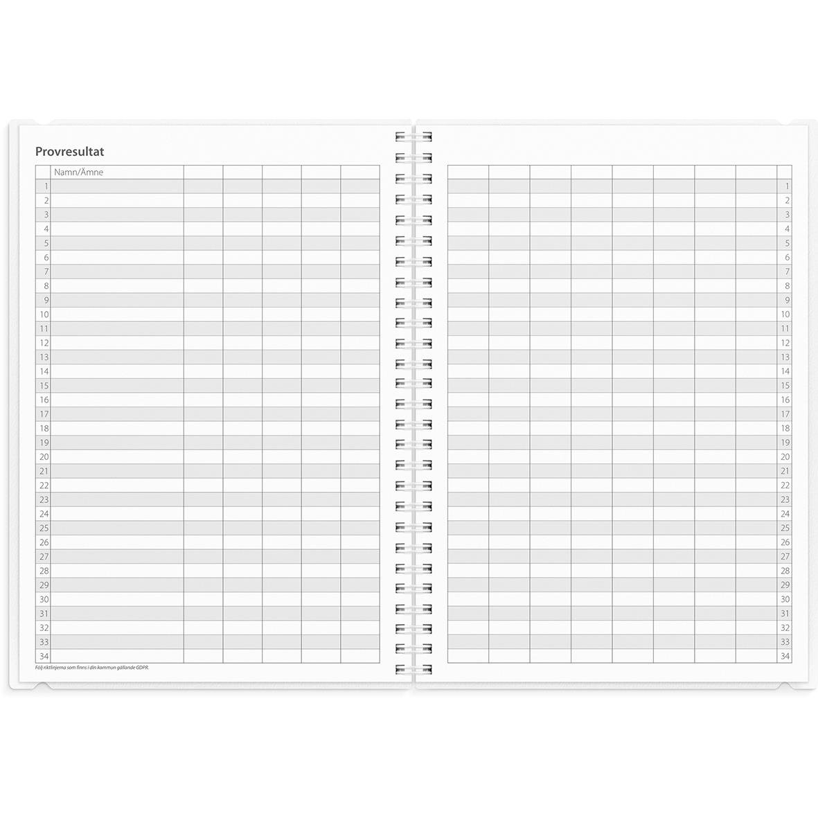 Öppnad almanacka med provresultat och datum för studieplaner på sidorna