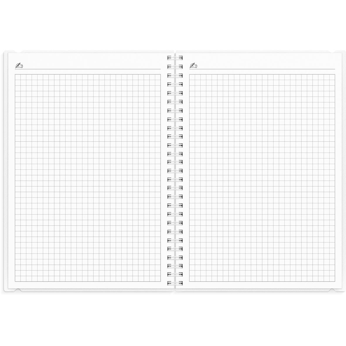 Öppen almanacka med rutade sidor för anteckningar och planering