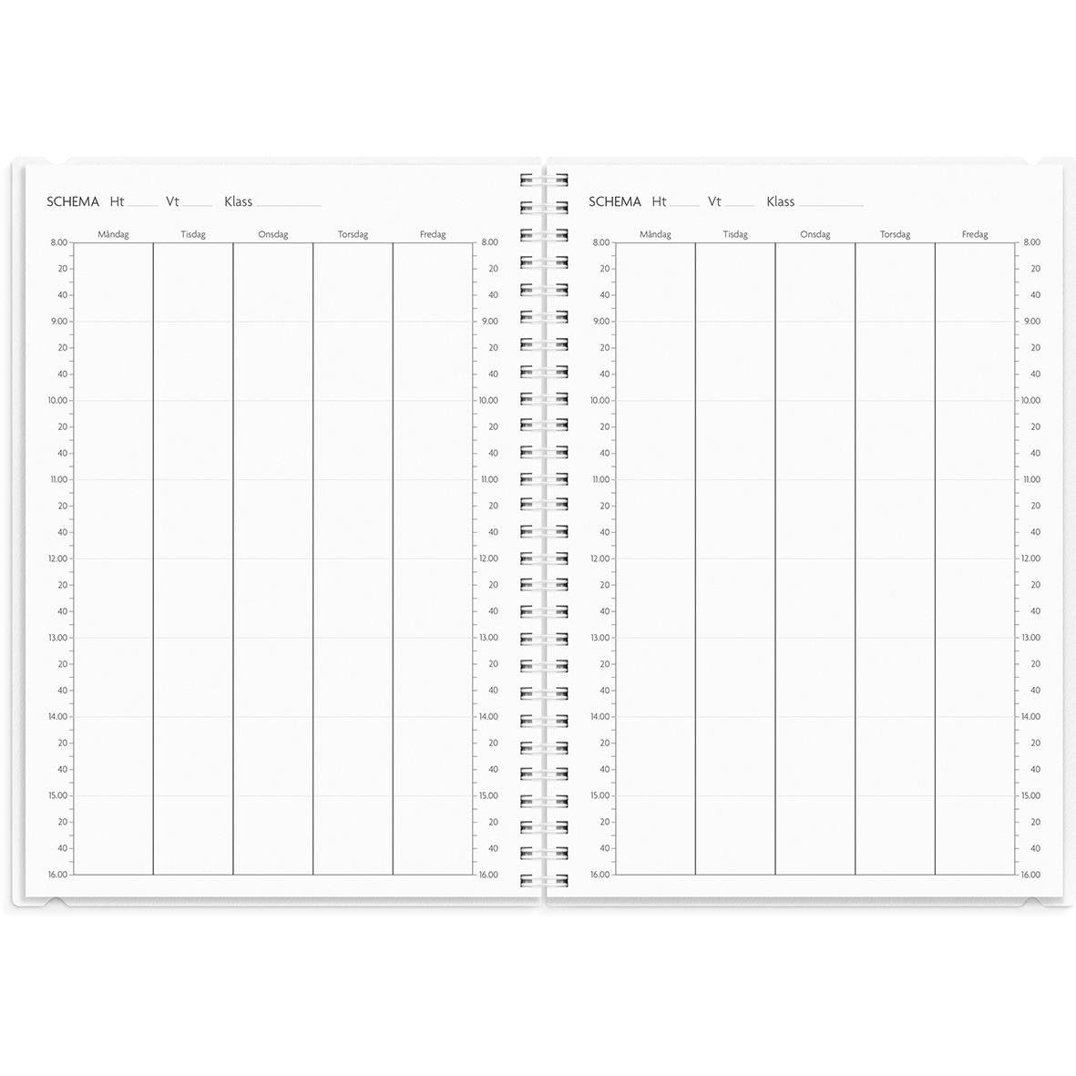 Öppen almanacka med rutade sidor för anteckningar och planering