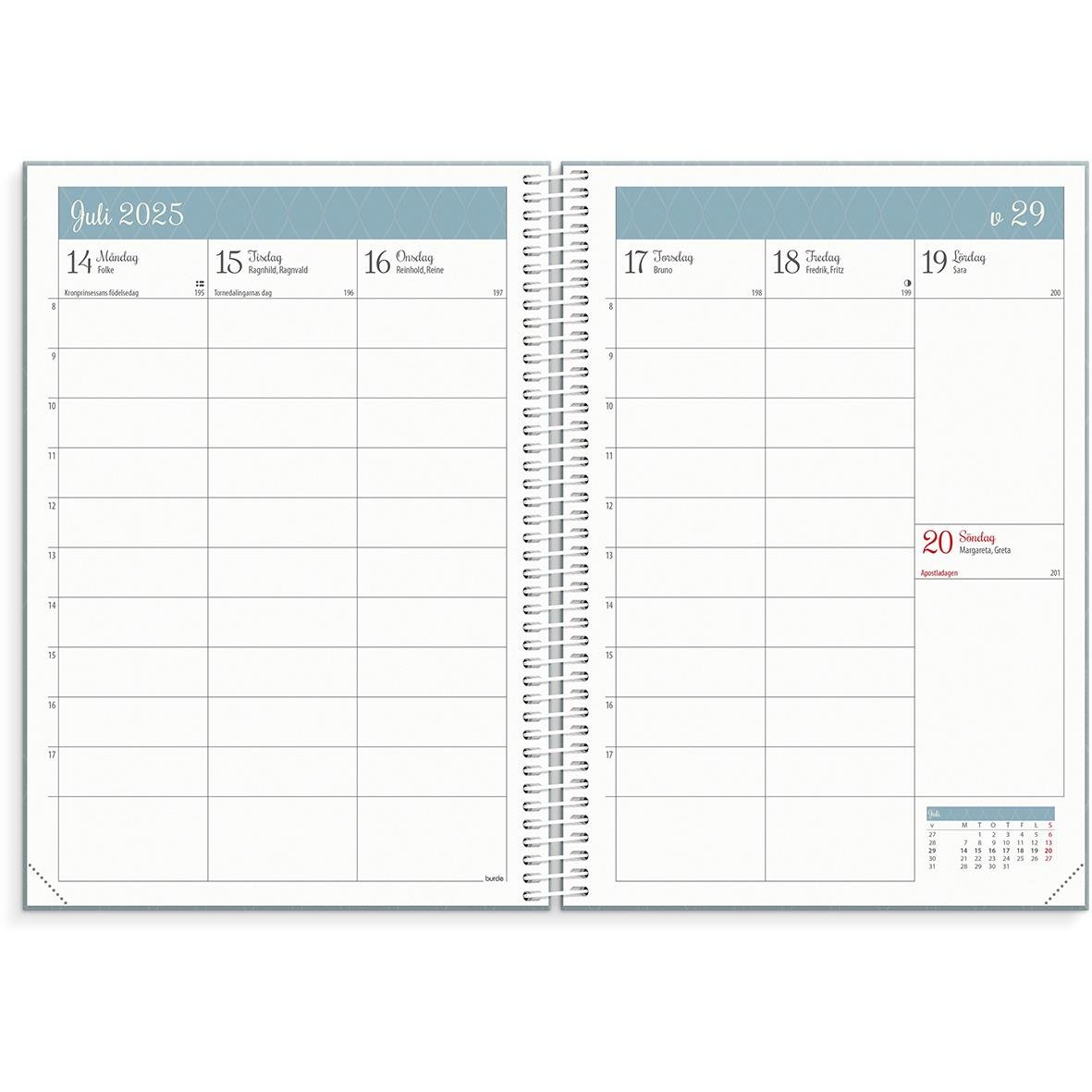 Öppen planeringskalender för lärare för vecka 14-20 i juli 2025, A5-format