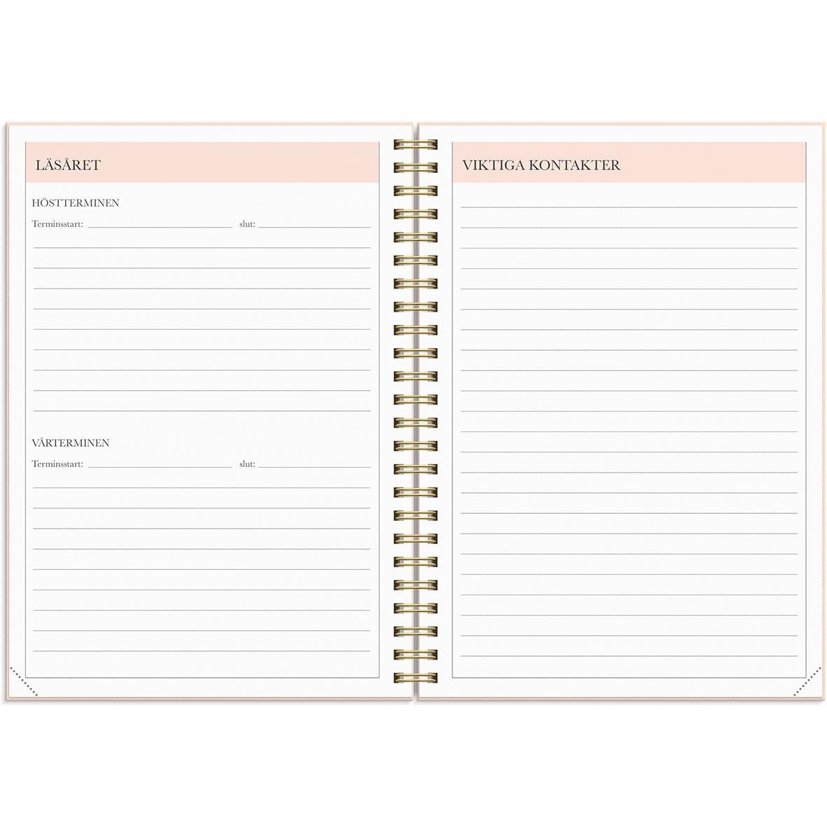 Planeringskalender för lärare 2025 med månadsöversikt och tomma sidor för anteckningar i A5-format