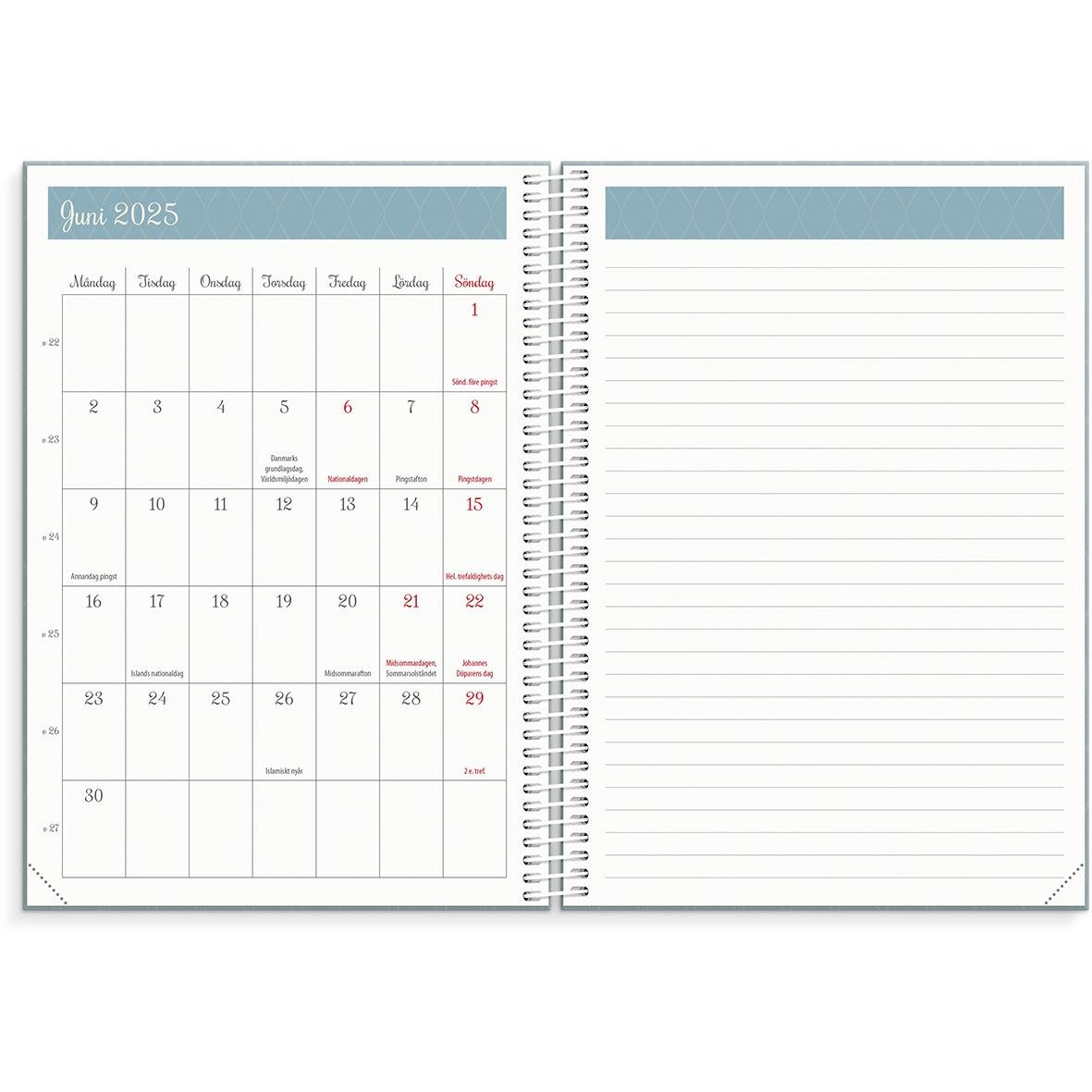 Planeringskalender för lärare 2025 med månadsöversikt och tomma sidor för anteckningar i A5-format