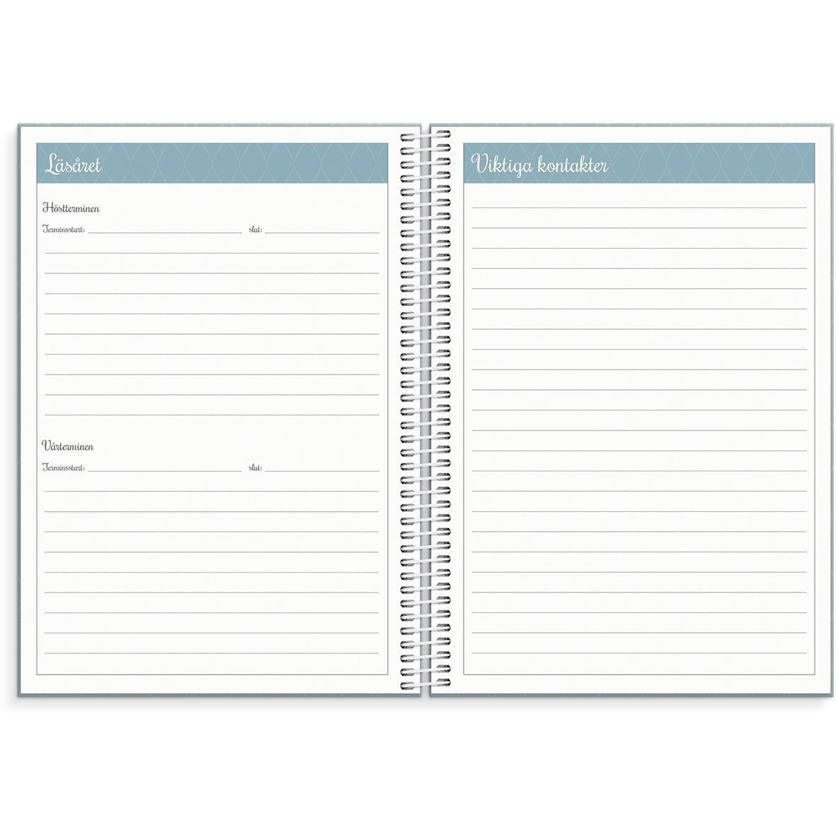 Planeringskalender för lärare 2025-2026 i A5-format med spiralbindning och utrymme för anteckningar och kontaktuppgifter