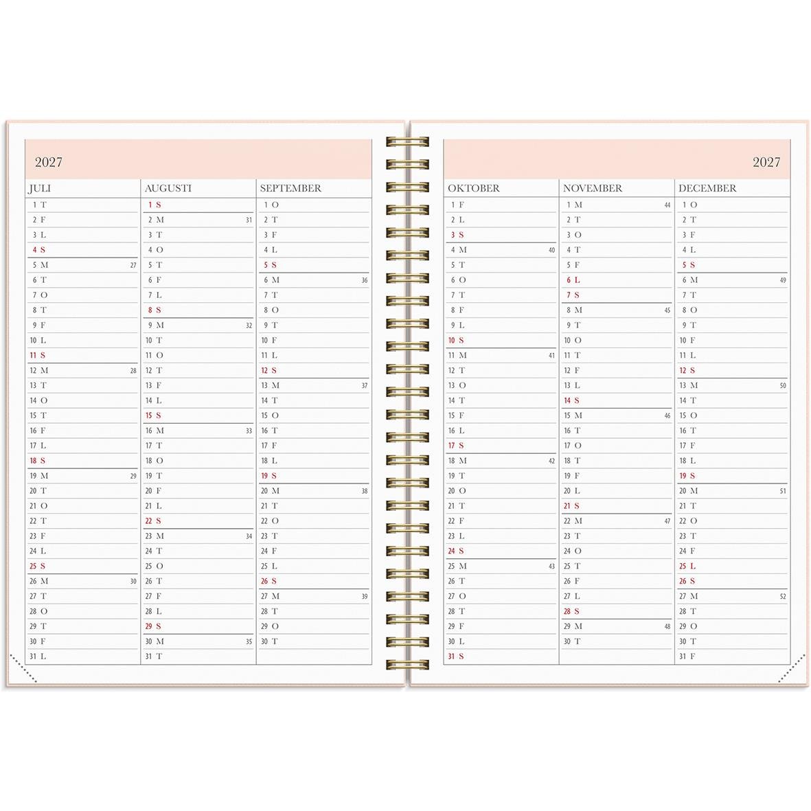 Planeringskalender för lärare 2025-2026 i A5-format med spiralbindning och utrymme för anteckningar och kontaktuppgifter