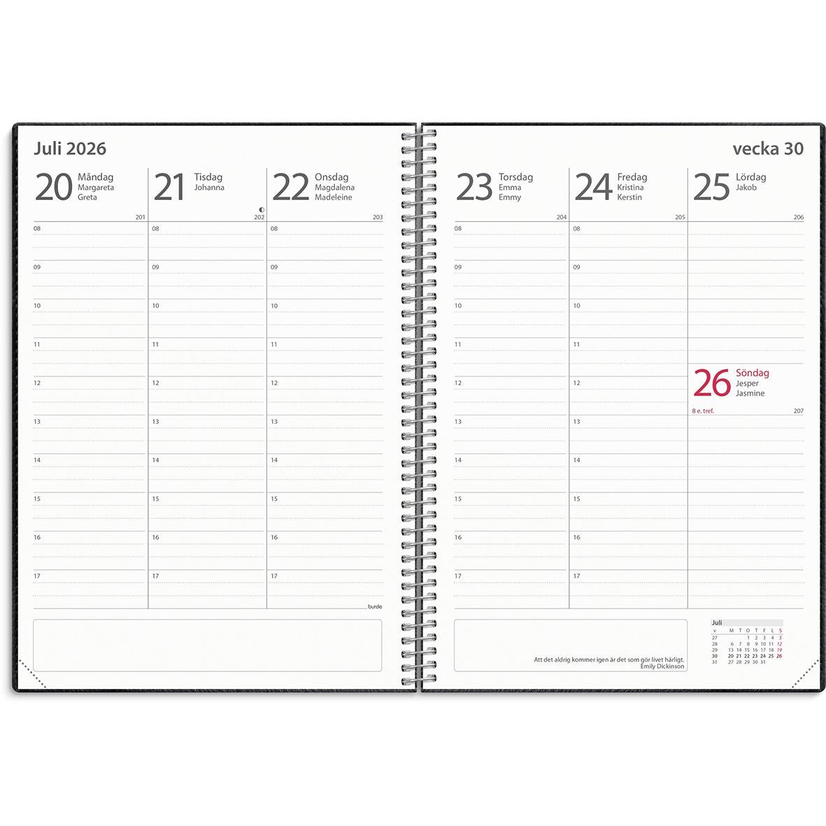 Svart A5 almanacka för vecka 30 i juli 2026 med veckoplanering och datum