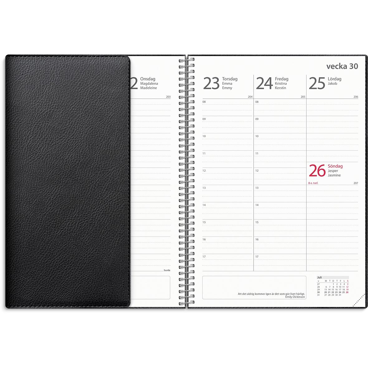 Svart A5 almanacka med spiralbindning och veckoplanering för dagarna 23 till 26 januari
