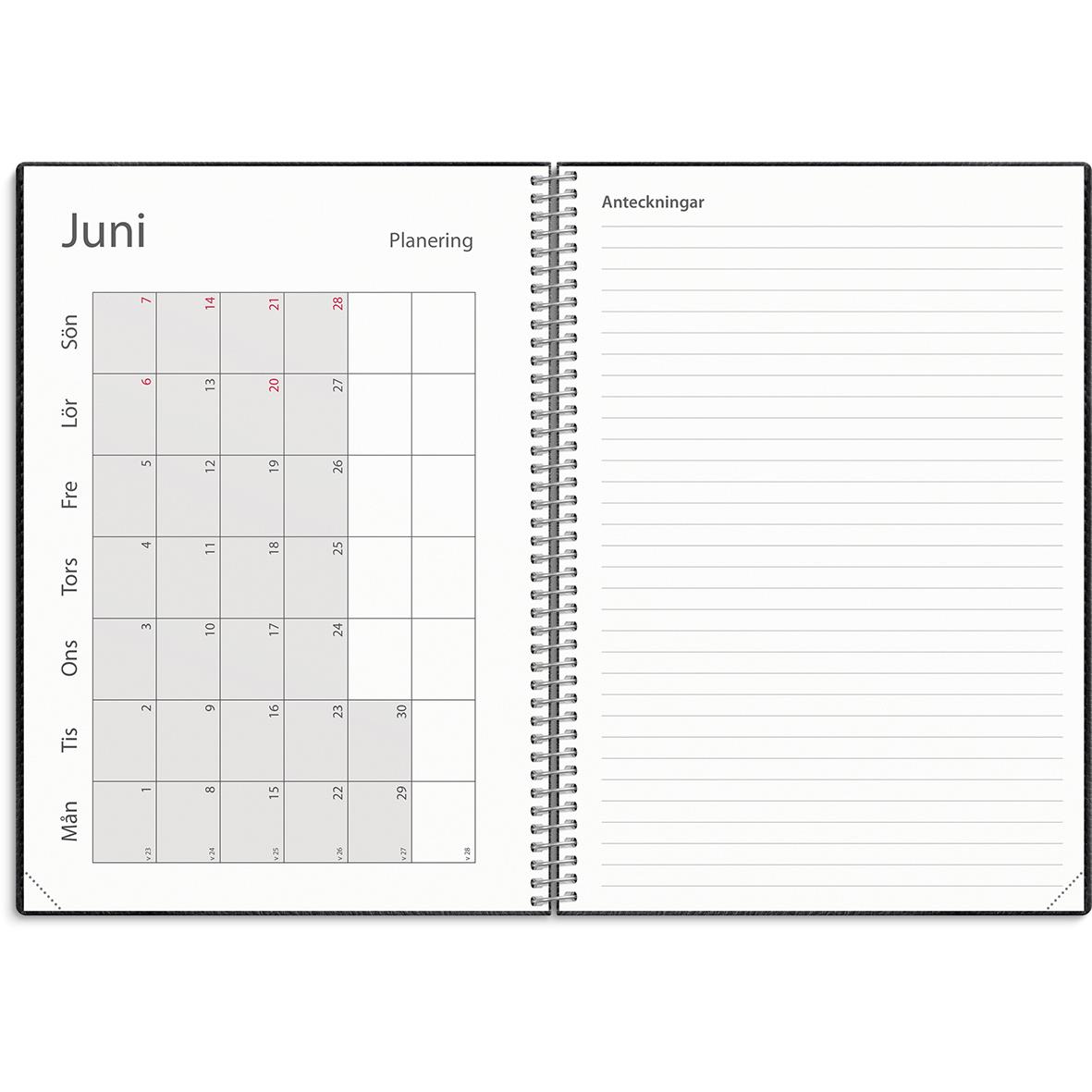 Öppen almanacka för juni med planering och anteckningar, svart A5-format