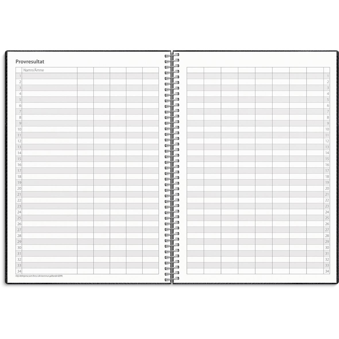 Svart A5 studiealmanacka med spiralbindning och tomma rader för anteckningar