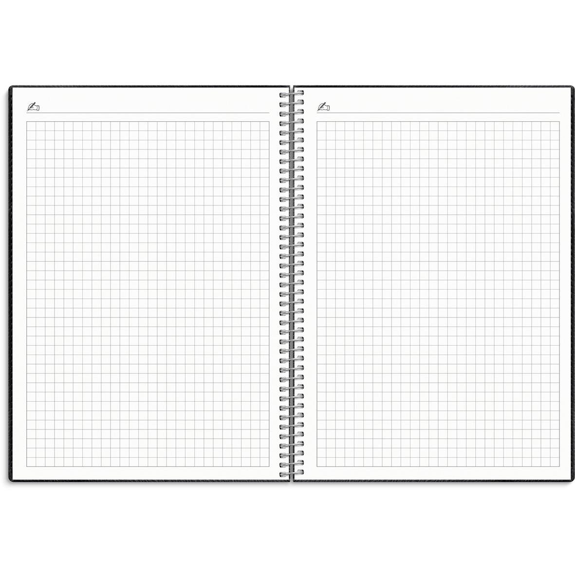 Svart A5 almanacka med rutat och blankt sidor, spiralbindning