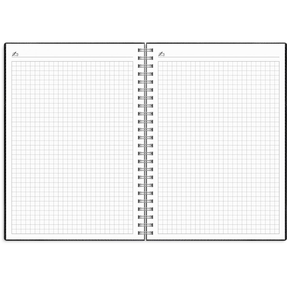 Svart A5 almanacka med rutat och blankt sidor, spiralbindning