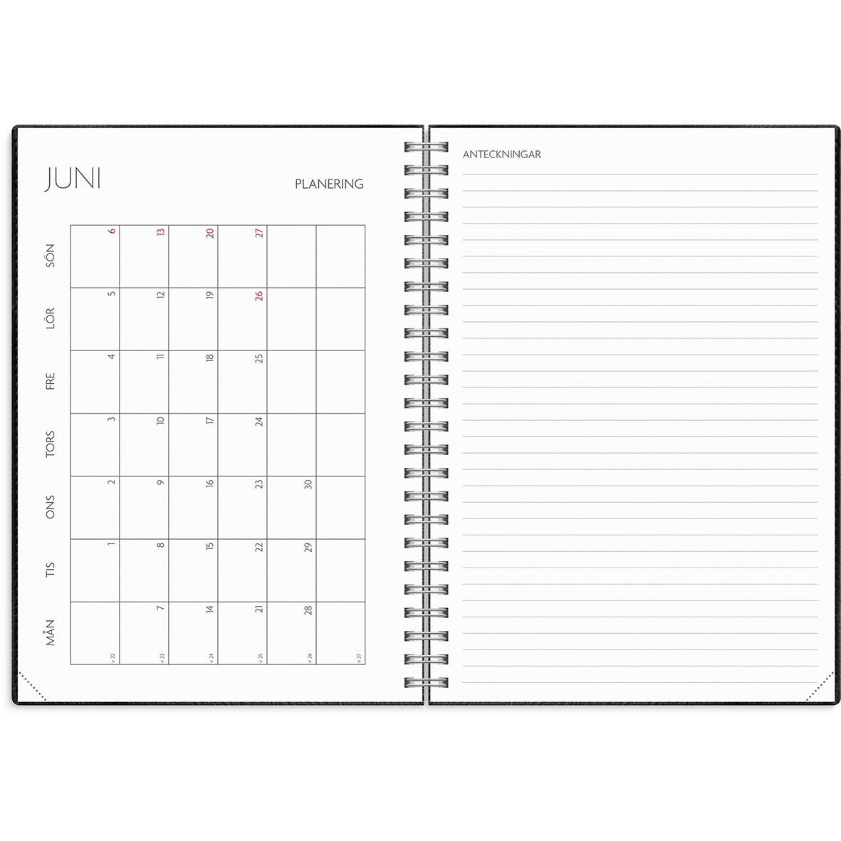 Svart A5 almanacka med spiralrygg och linjerade sidor för anteckningar