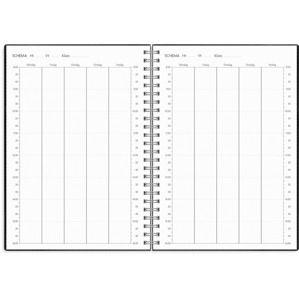 Svart A5 studiealmanacka med veckoplanering och schemauppslag