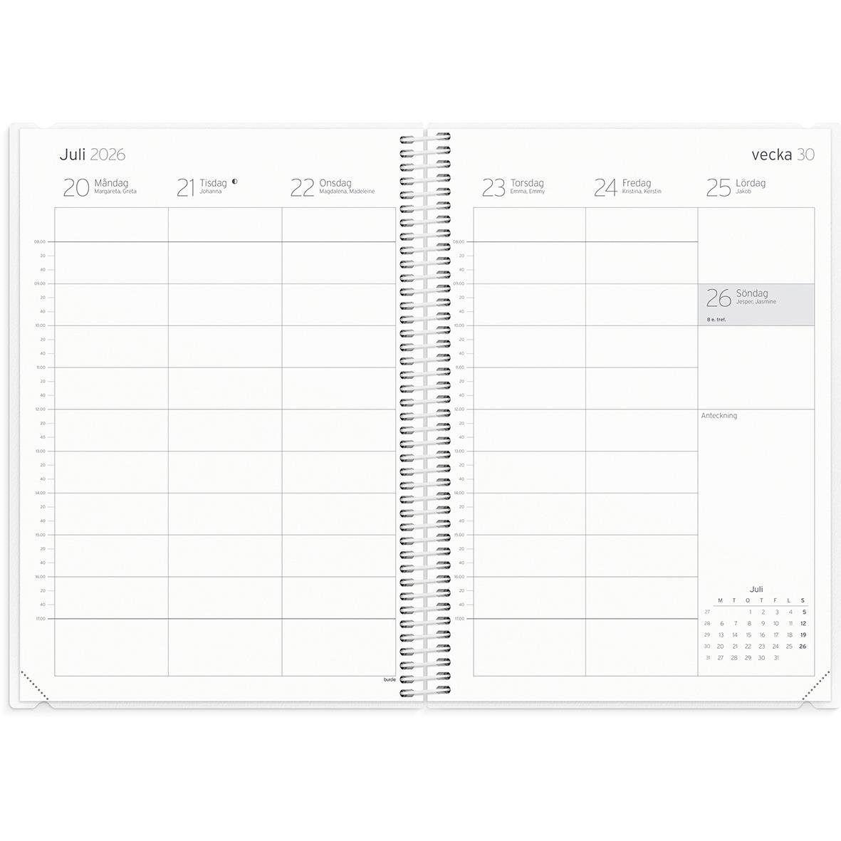 Öppnad lärarkalender för vecka 30 i juli 2026 med datum och plats för anteckningar