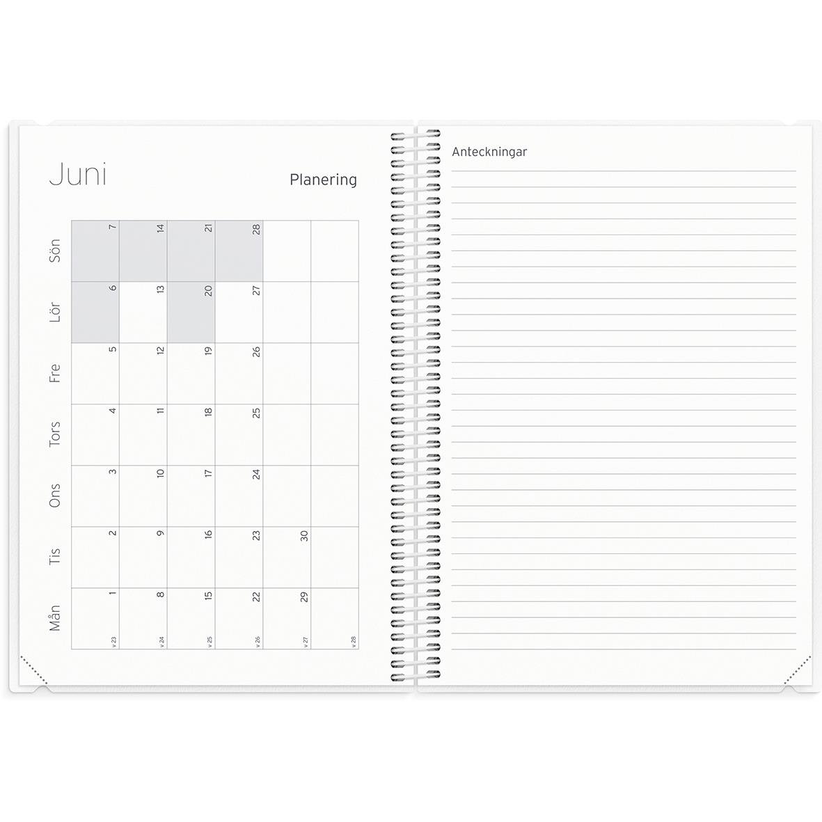 Öppnad lärarkalender för vecka 30 i juli 2026 med datum och plats för anteckningar