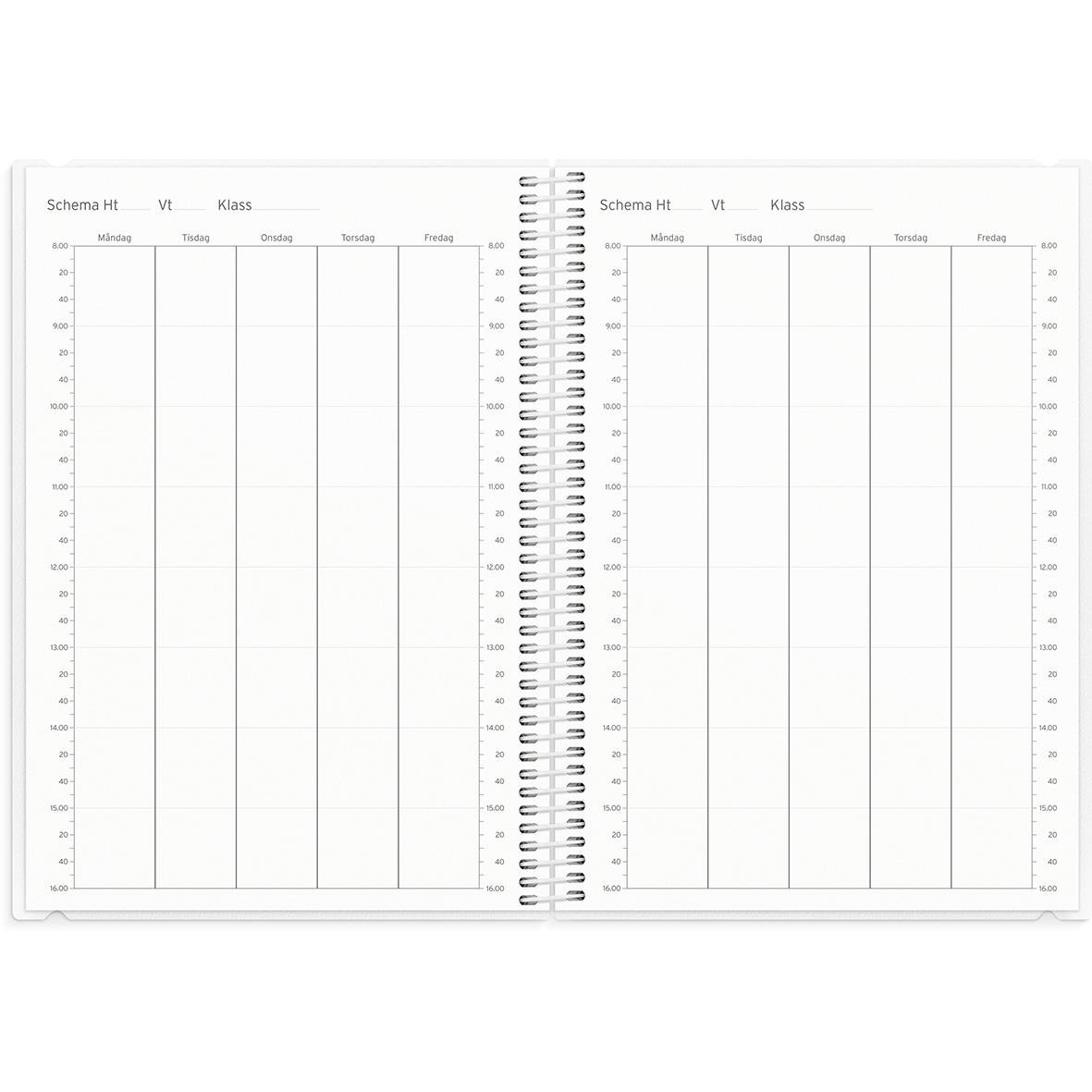 Öppnad lärarkalender med schemauppslag för år 1264, två sidor med kolumner för dagar och klasser