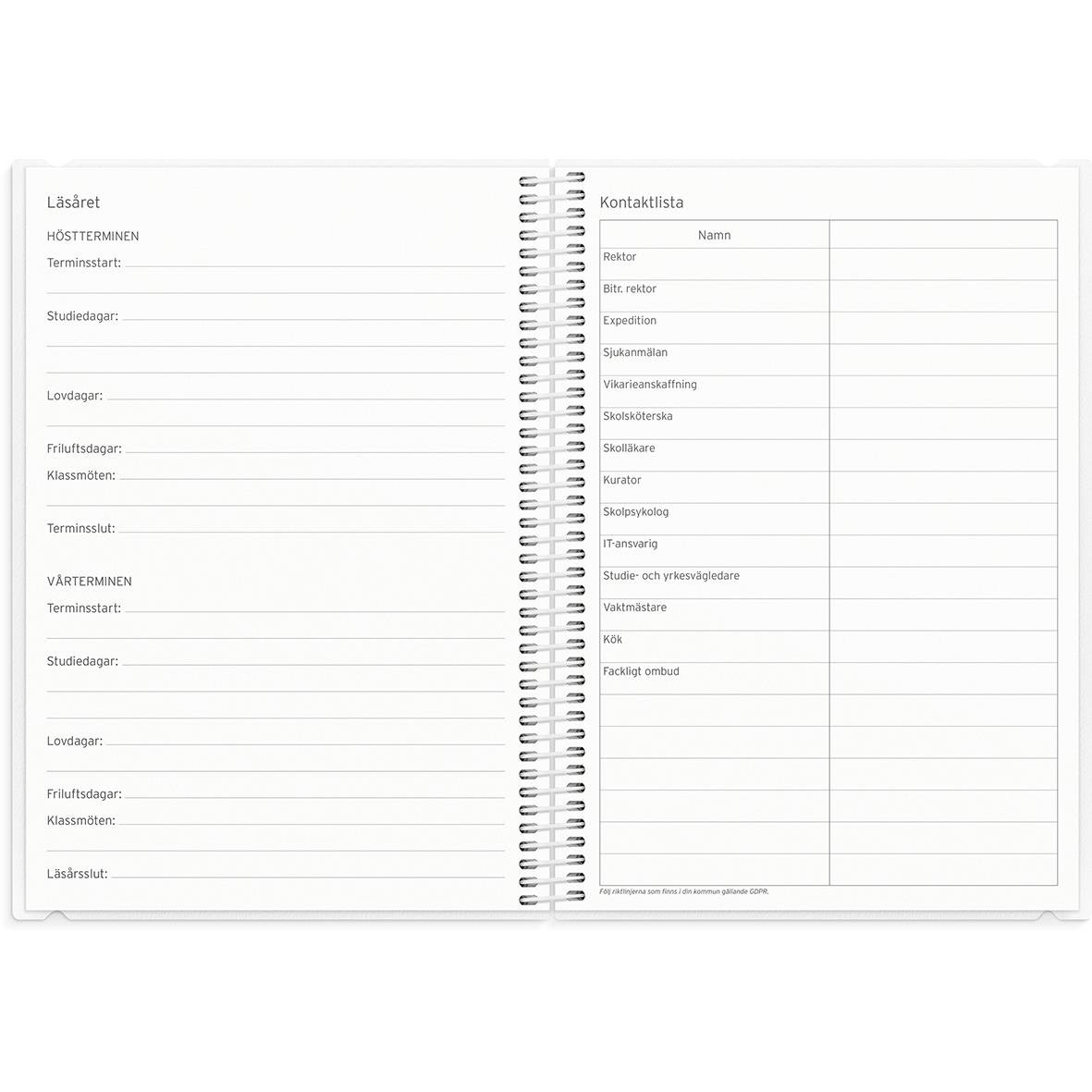 Öppnad lärarkalender med schemauppslag för år 1264, två sidor med kolumner för dagar och klasser