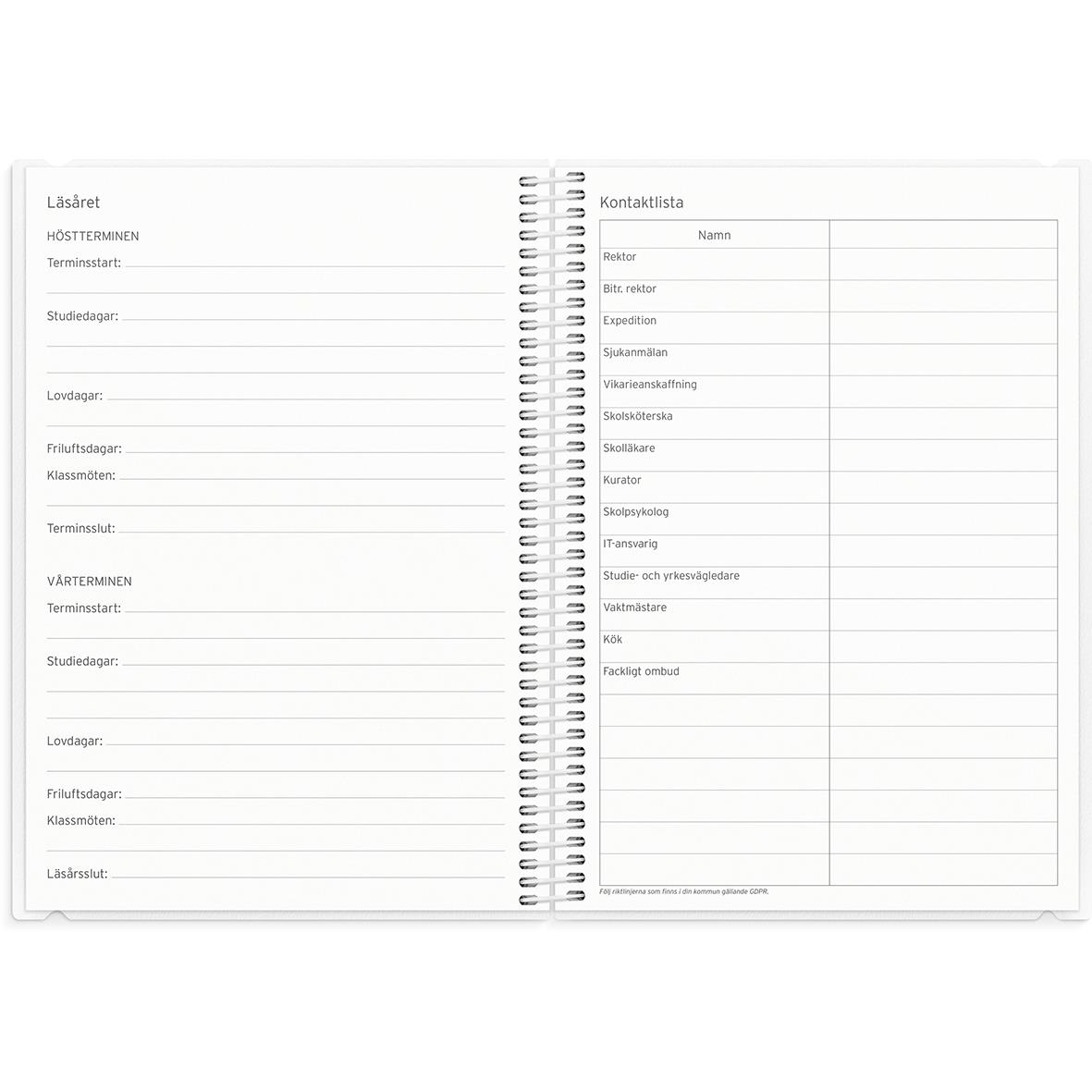 Öppnad almanacka med kalenderblad för lärare och kontaktlista, sidor med linjerade utrymmen för anteckningar och scheman