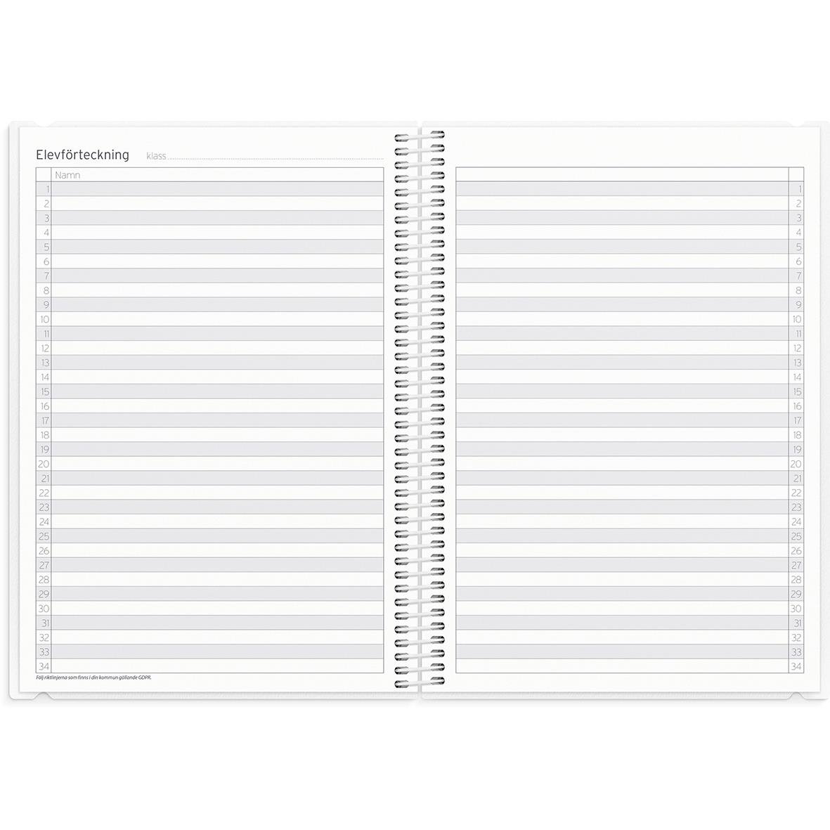 Öppnad almanacka med kalenderblad för lärare och kontaktlista, sidor med linjerade utrymmen för anteckningar och scheman