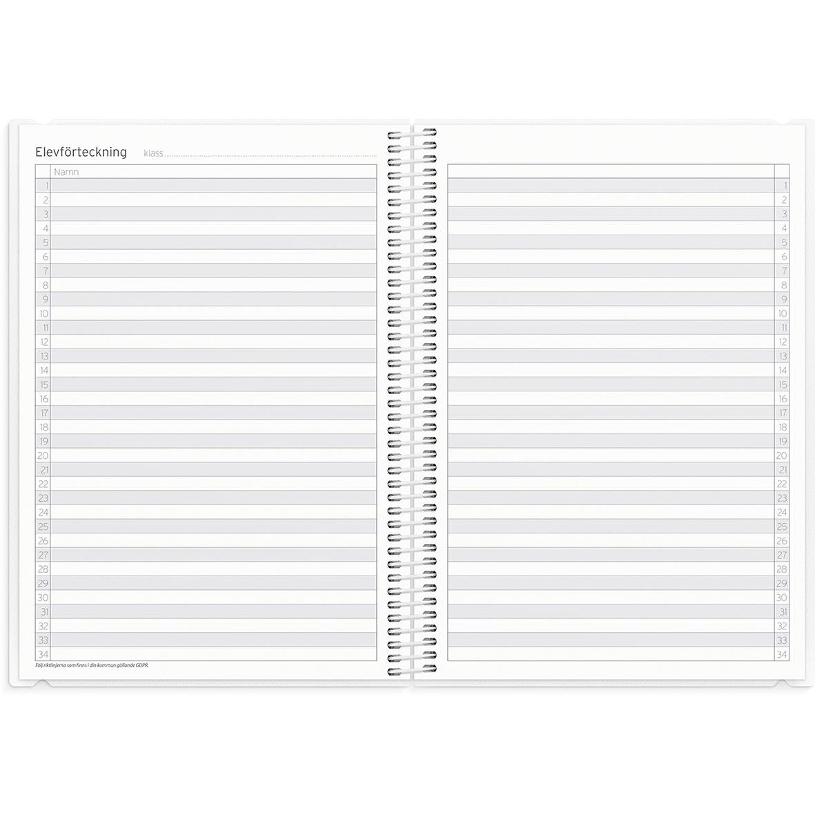 Öppnad lärarkalender med plats för elevanteckningar och datum, titel Almanacka Burde 1264 Lärarkalendern Stora 25-26