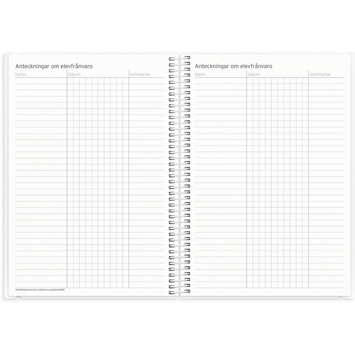 Öppnad lärarkalender med plats för elevanteckningar och datum, titel Almanacka Burde 1264 Lärarkalendern Stora 25-26