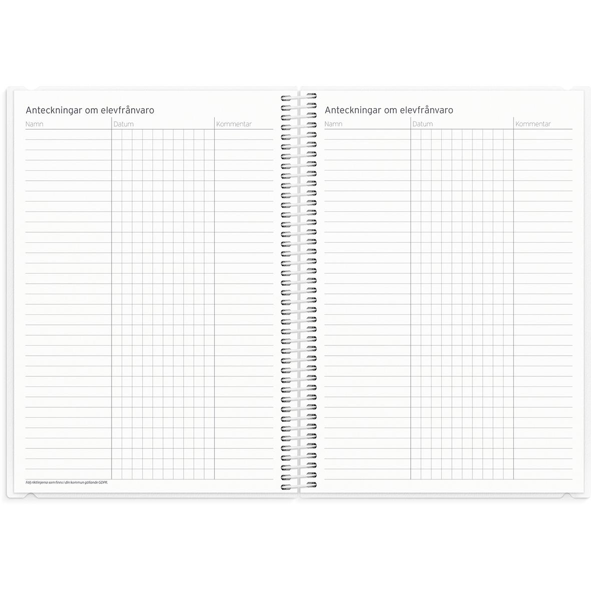 Öppnad lärarkalender med plats för anteckningar om elevnärvaro, sidor 25-26