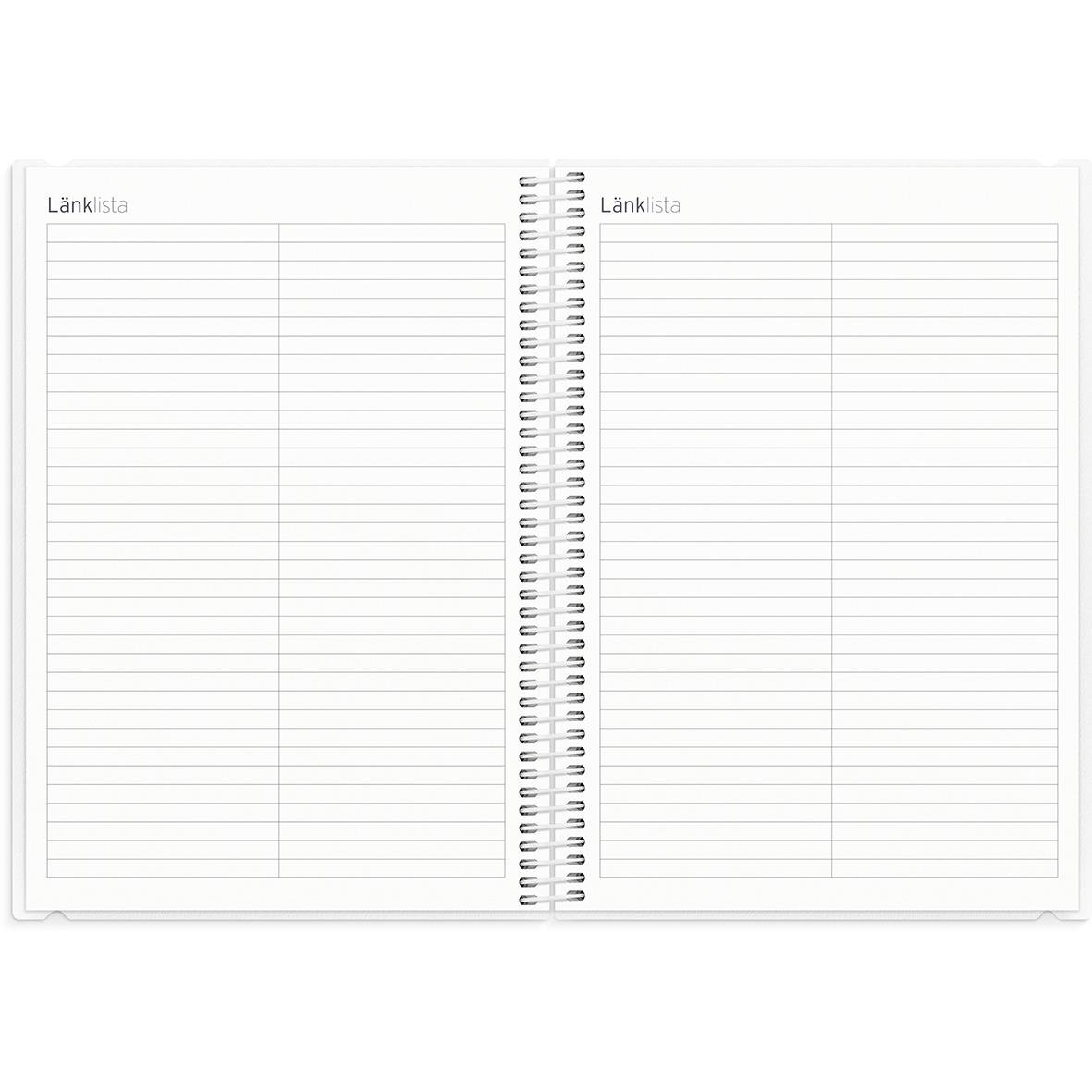 Öppnat lärarekalender med tomma sidor för anteckningar och länkar, titel Almanacka Burde 1264 Lärarkalendern Stora 25-26