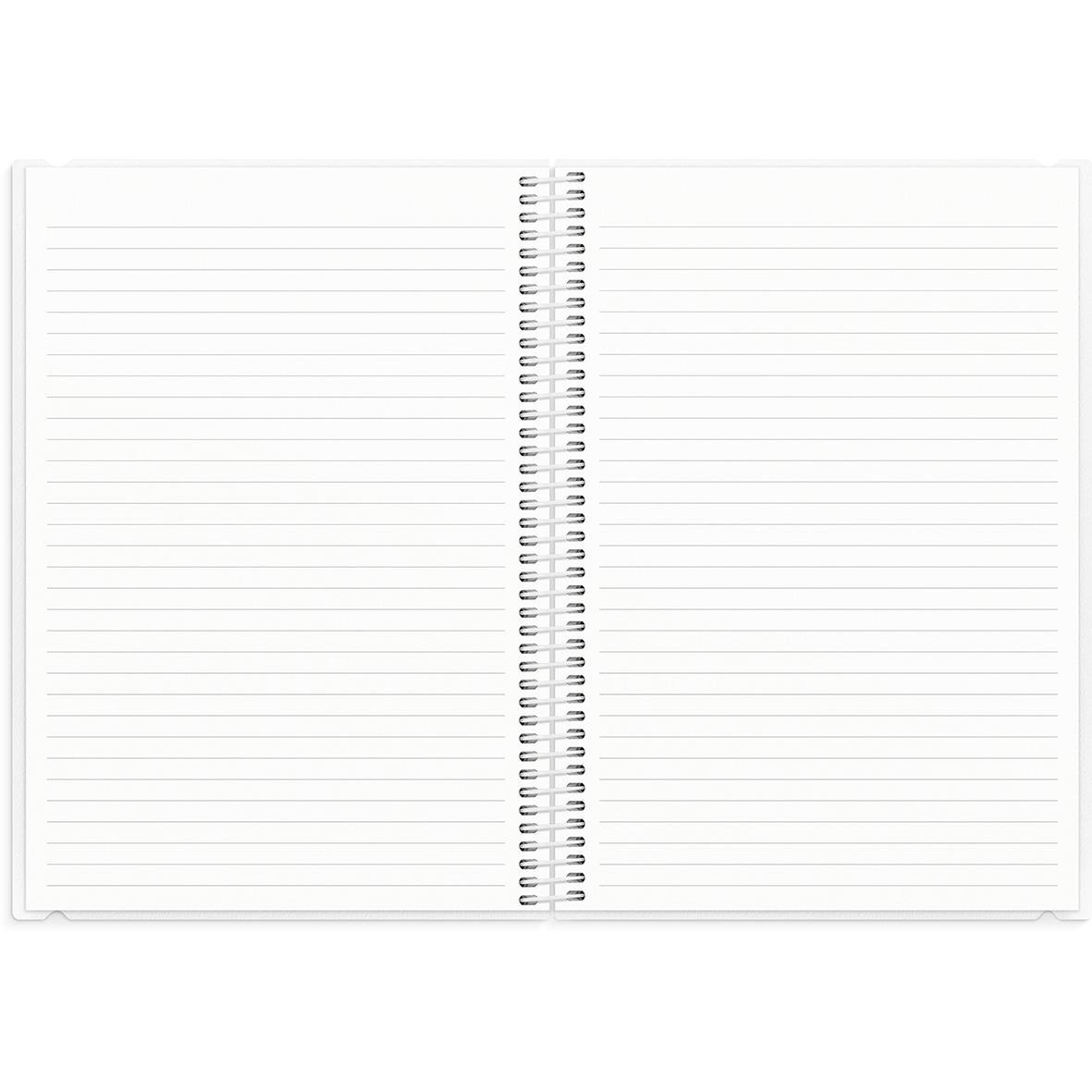 Öppet läroverksalmanacka med linjerade sidor för anteckningar, spiralbindning i mitten