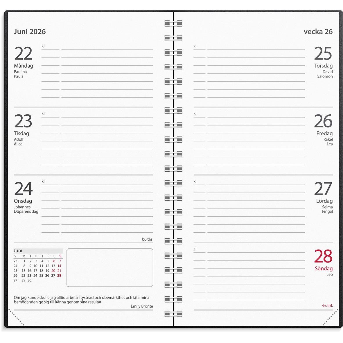 Studieårsalmanacka för 2026 med veckodagar, datum och plats för helgdagar i juni