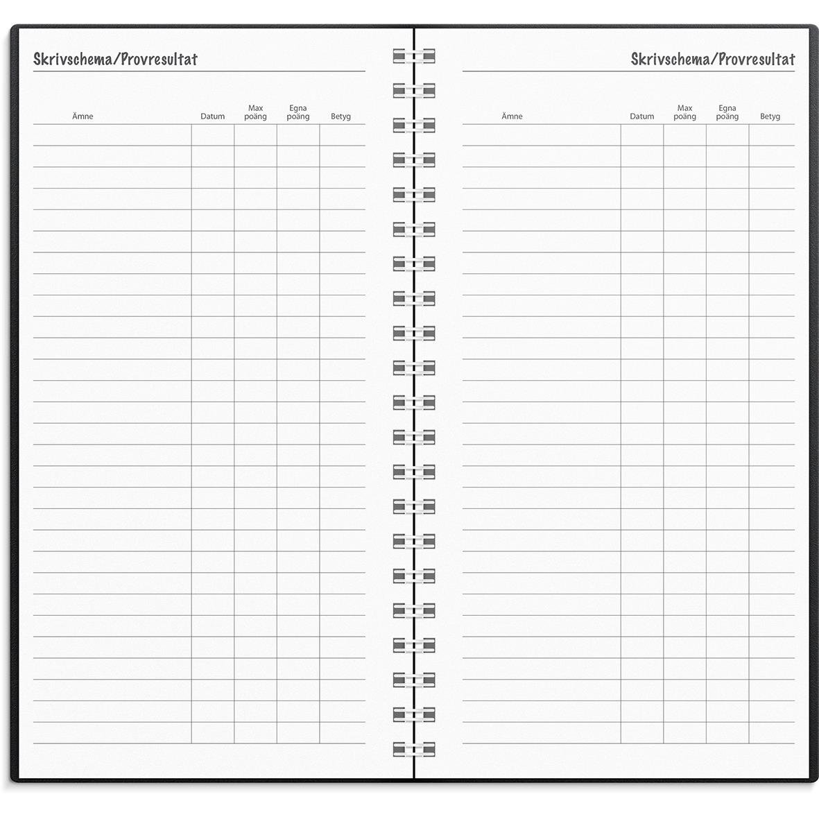 Öppnad studieårs-almanacka för Burde 3681 Stora Basic Plast 25-26 med tomma rader för anteckningar