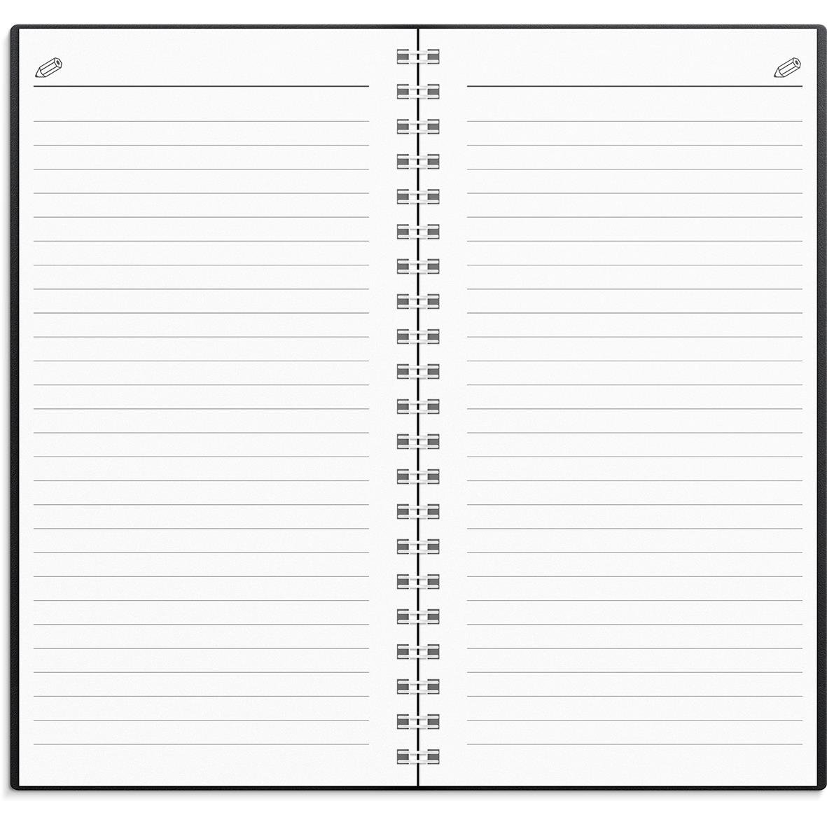 Öppnad studieårsalmanacka med linjerade sidor och klämmor i hörnen