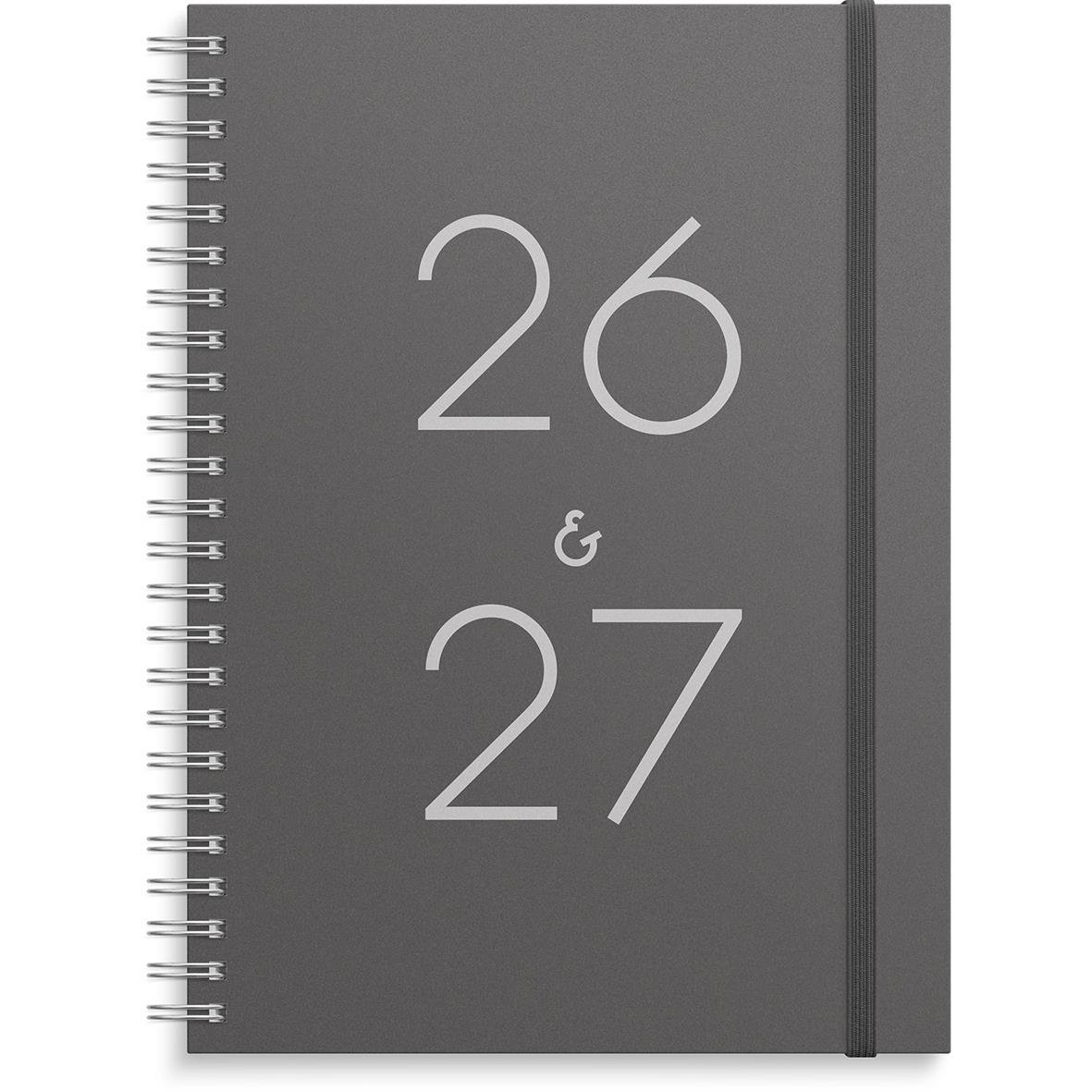 Svart studiealmanacka med spiralrygg och elastisk band, visar 25 och 26 på framsidan, A5 storlek