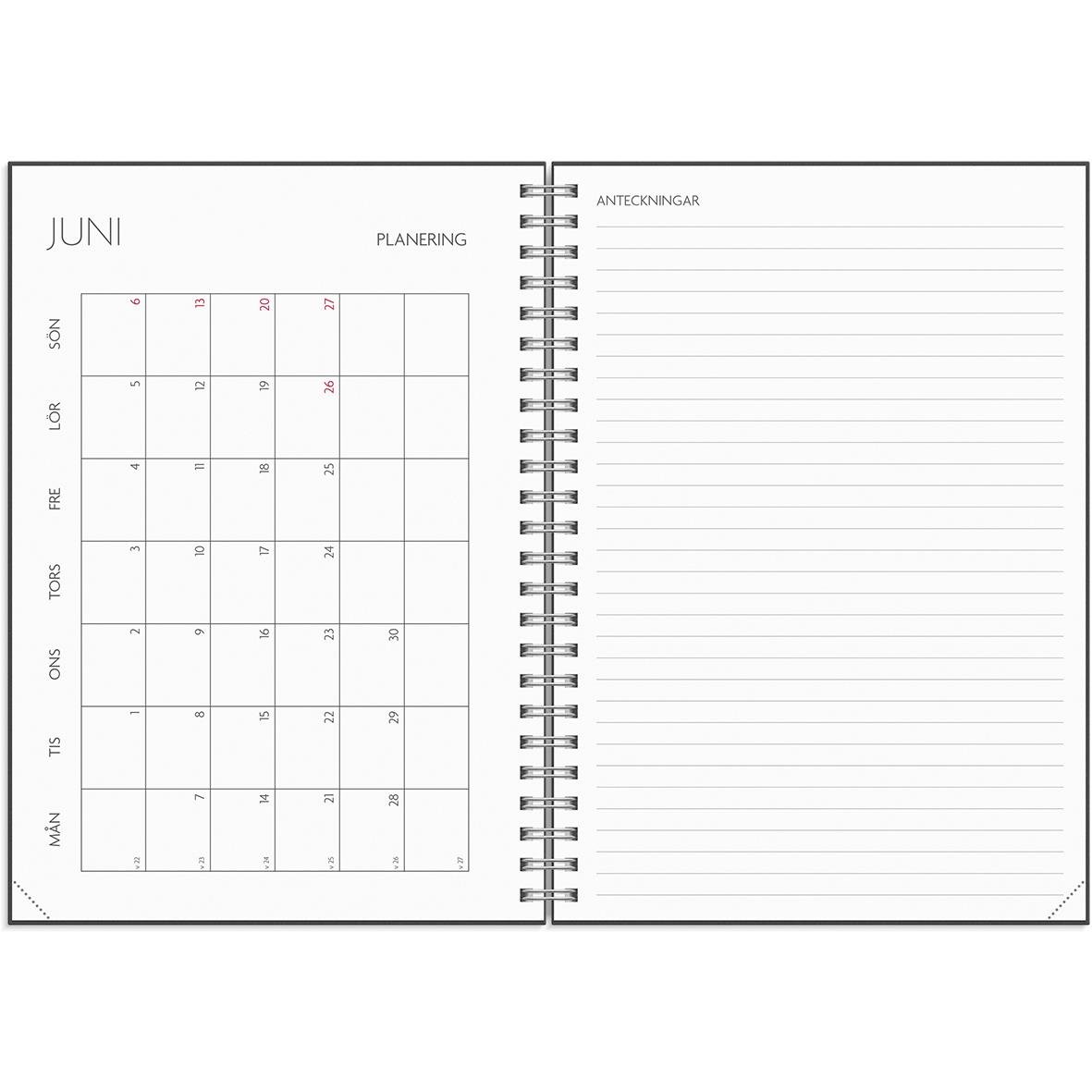 Öppen almanacka för vecka 30 i juli 2026, svart A5 med datum och veckonummer