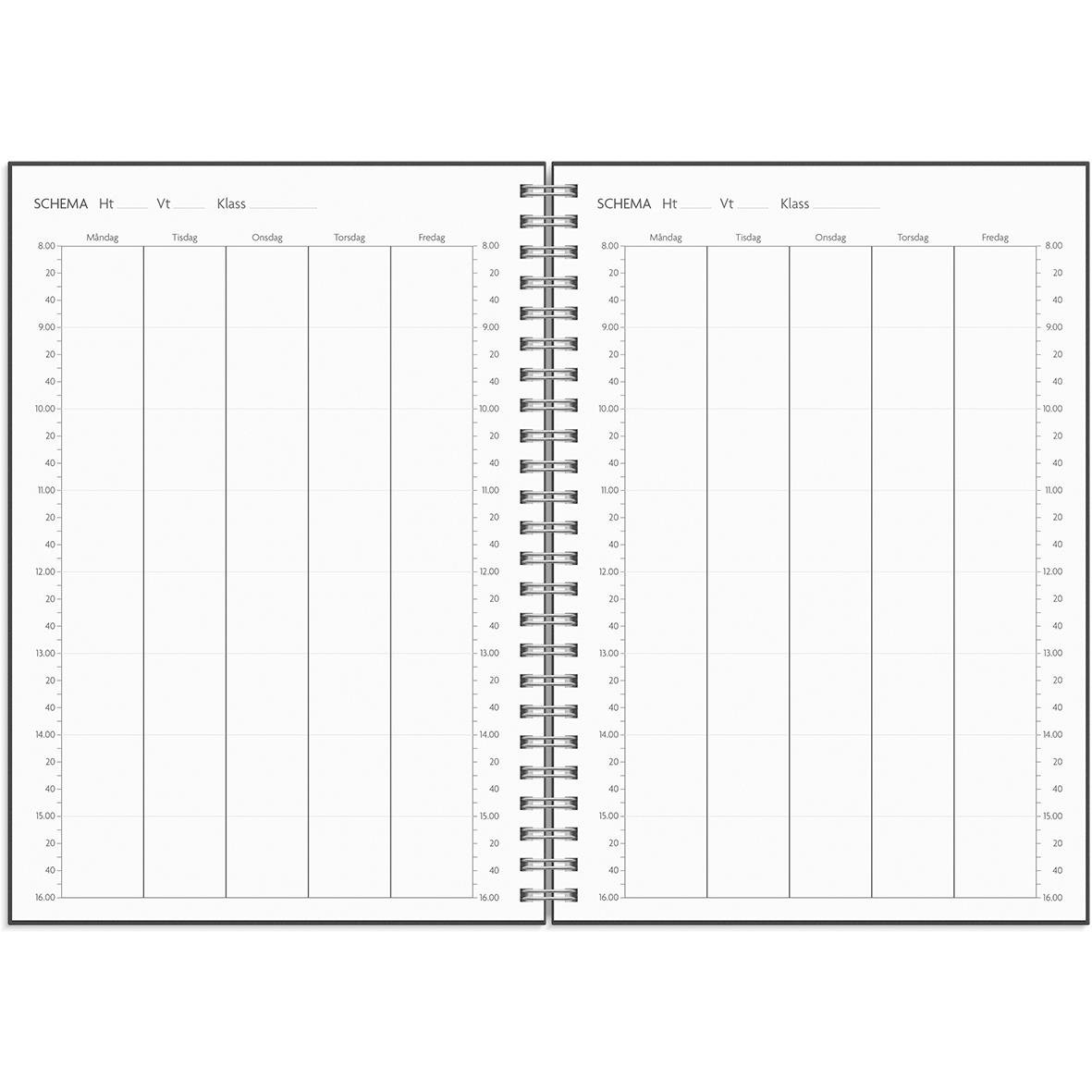 Svart A5 almanacka med planeringssida för juni och anteckningssida för noteringar