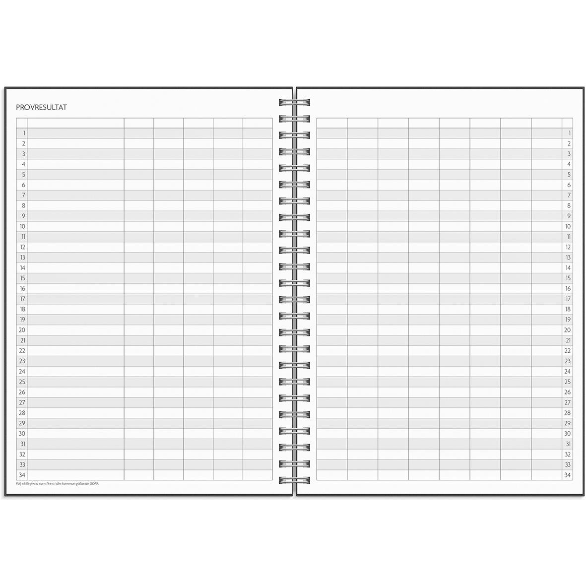 Svart A5 almanacka med studieblad för 2025-2026, sida med provresultat