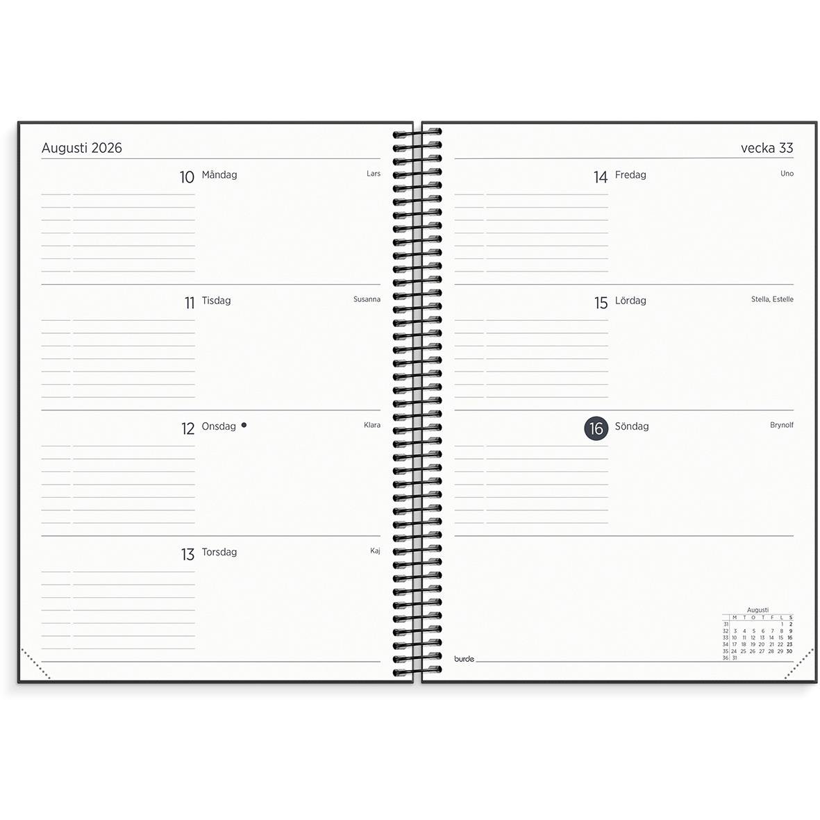 Svart almanacka Burde 1290 med spiralbindning, anteckningssidor 25-26, på skrivbord med tangentbord, mus, bläckpennor och växt