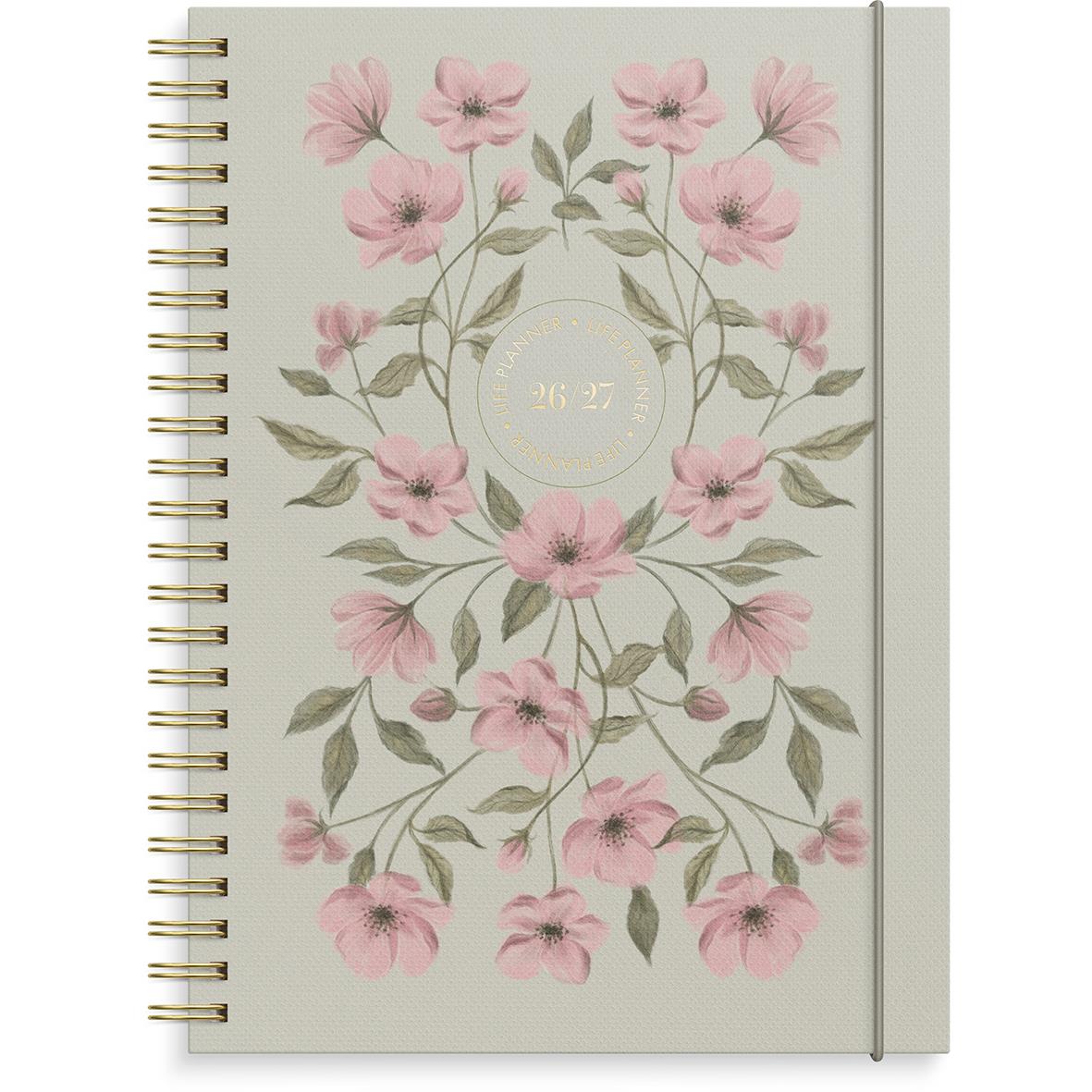 Vårig blomsterdesignad almanacka Burde 1214 Life Planner Essentials i A5-format med spiralrygg och elastiskt band