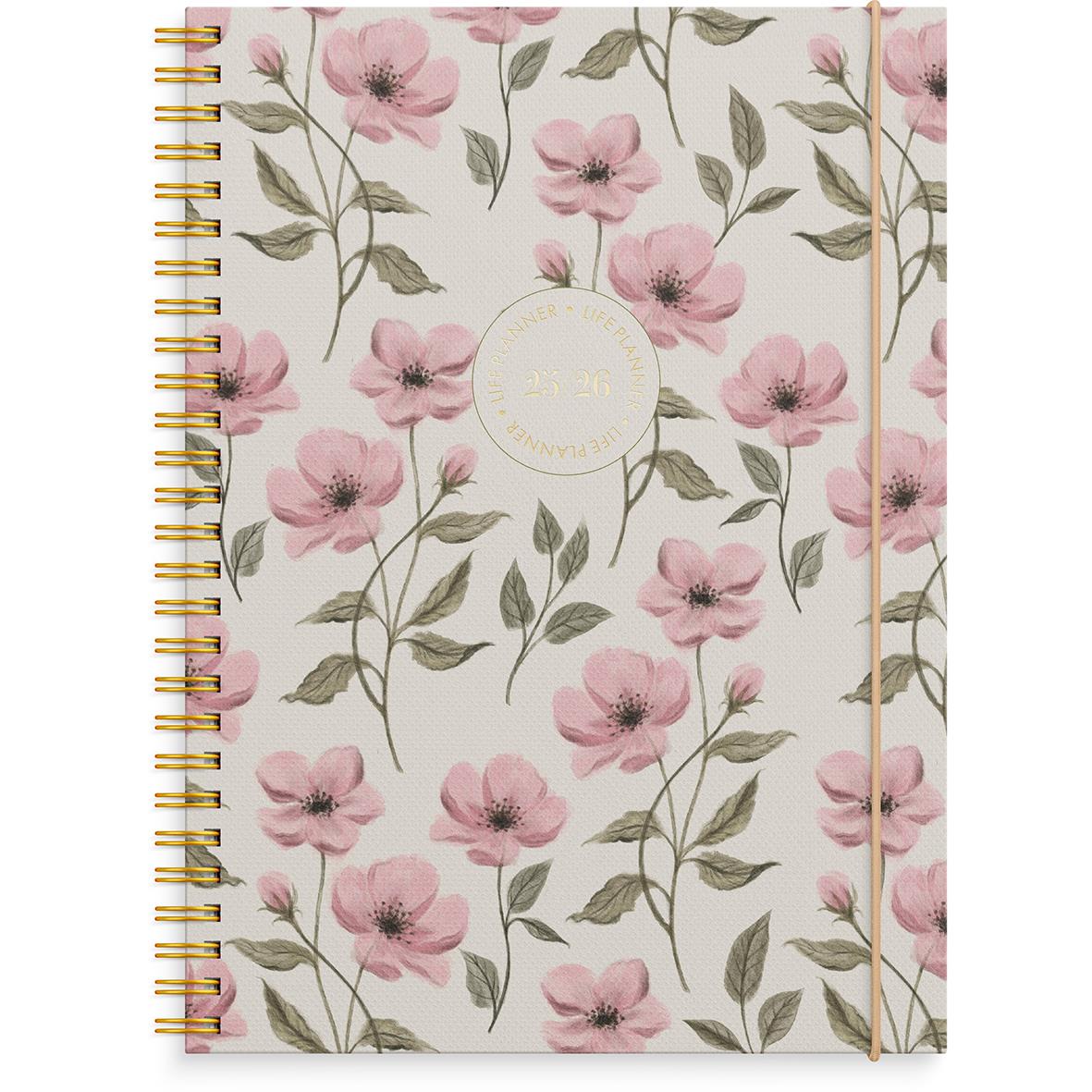 Vårig blomsterdesignad almanacka Burde 1214 Life Planner Essentials i A5-format med spiralrygg och elastiskt band