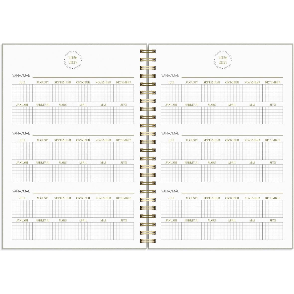 Årsplaner för 2025-2026 i A5-format med utrymme för anteckningar och planering i Almanacka Burde 1214 Life Planner Essentials