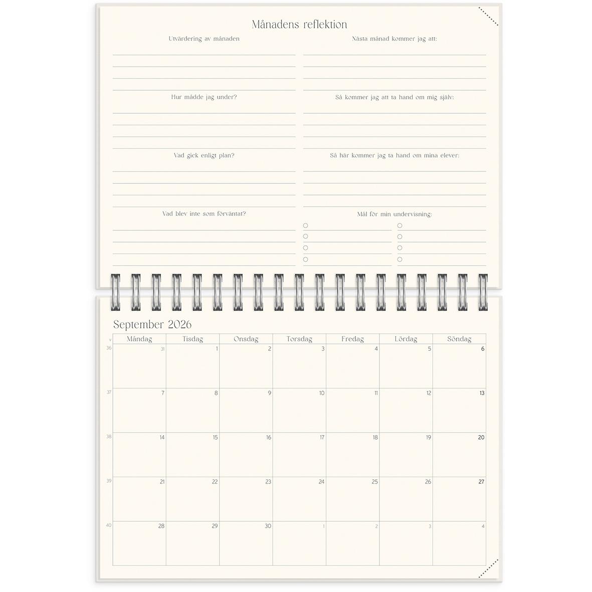 Översikt av en stor lärarkalender med reflektioner för september 2020 och utrymme för månadsreflektioner