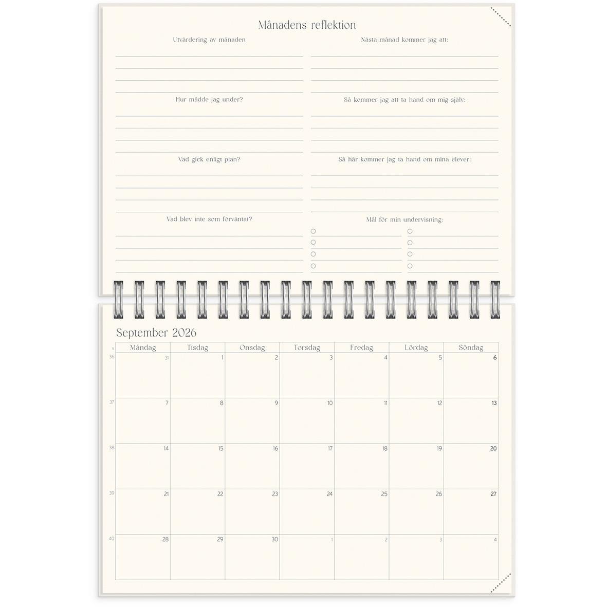 Översikt av en stor lärarkalender med reflektioner för september 2020 och utrymme för månadsreflektioner