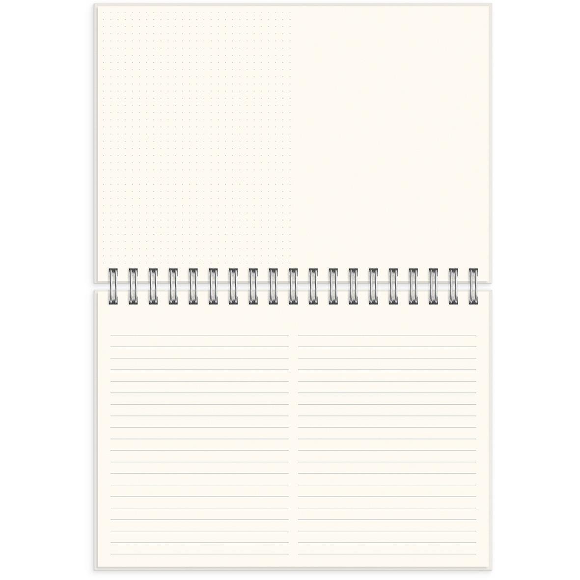 Öppen almanacka med spiralbindning och tomma sidor för reflektion och anteckningar