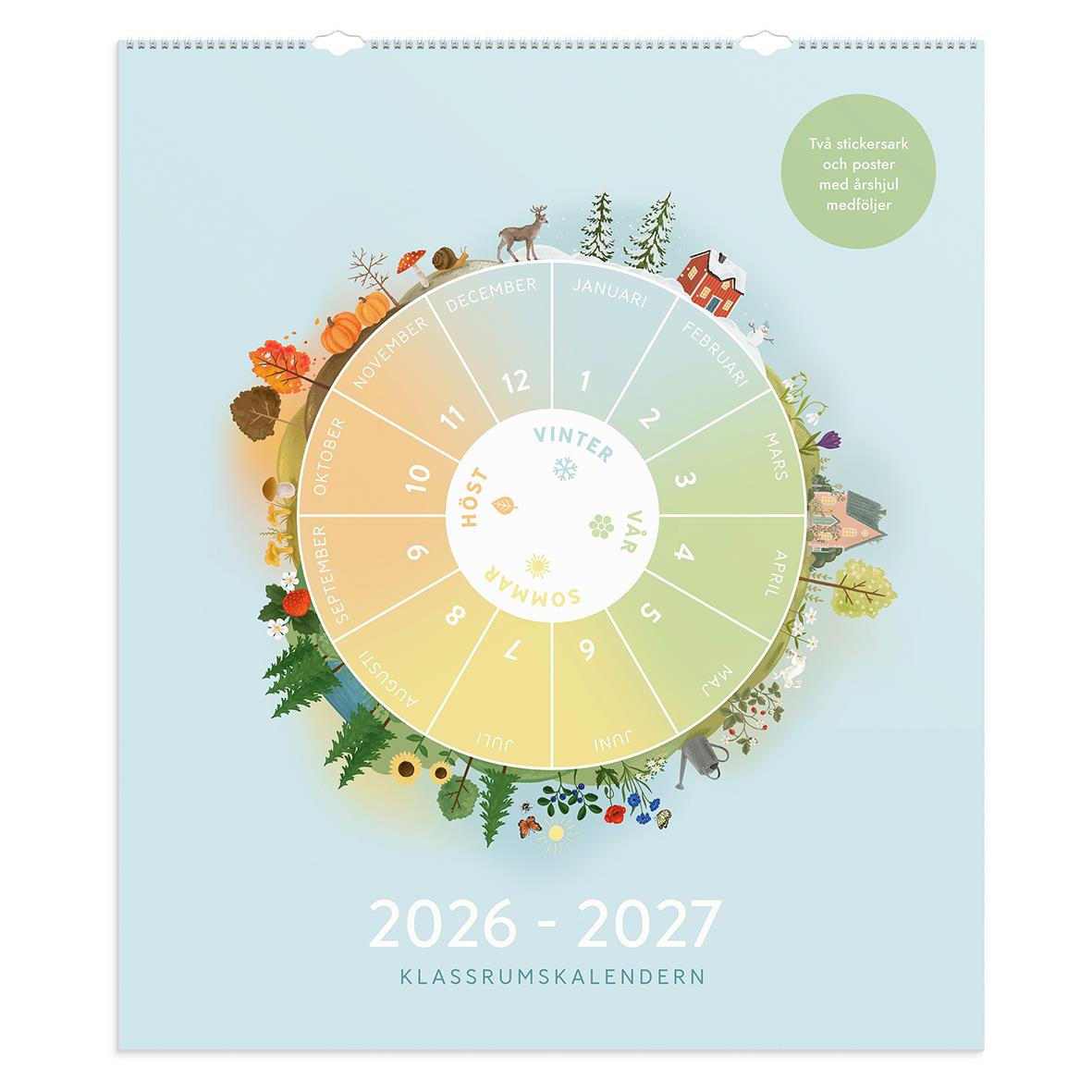 Klassrumskalender för 2026-2027 med vintertema, rund design och illustrationer av natur och djur runt om