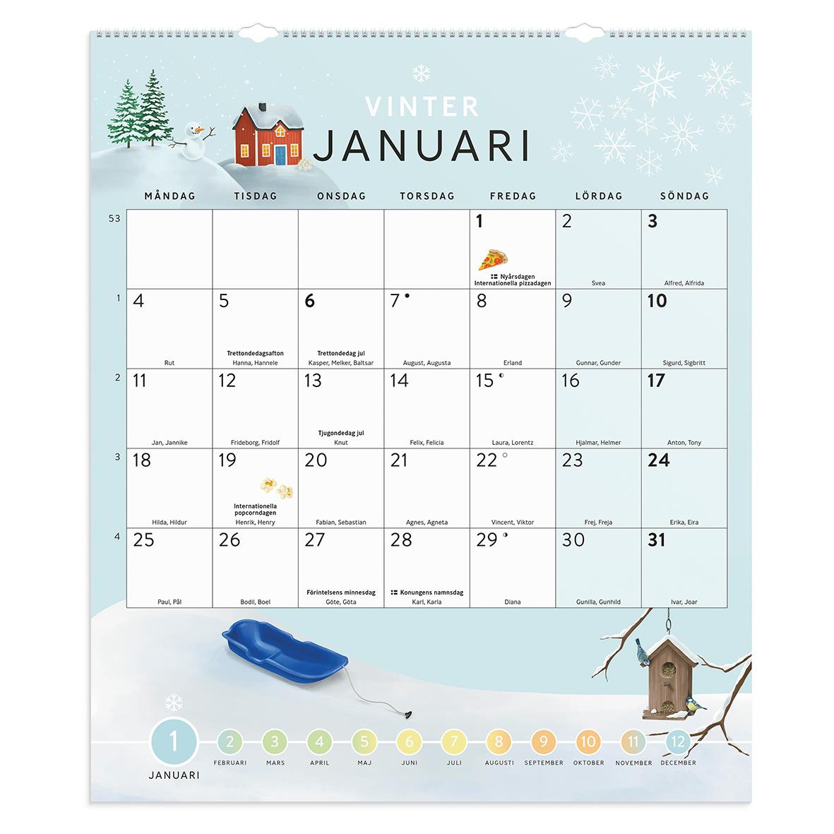 Klassrumskalender för januari 2024 med vintermotiv, snö, fågelholk och snöskovel i blått och vitt