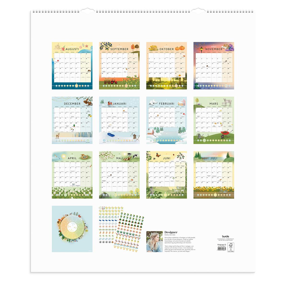 Klassrumskalender för 2026-2027 med månadsbilder och plats för anteckningar, storlek 600x700mm