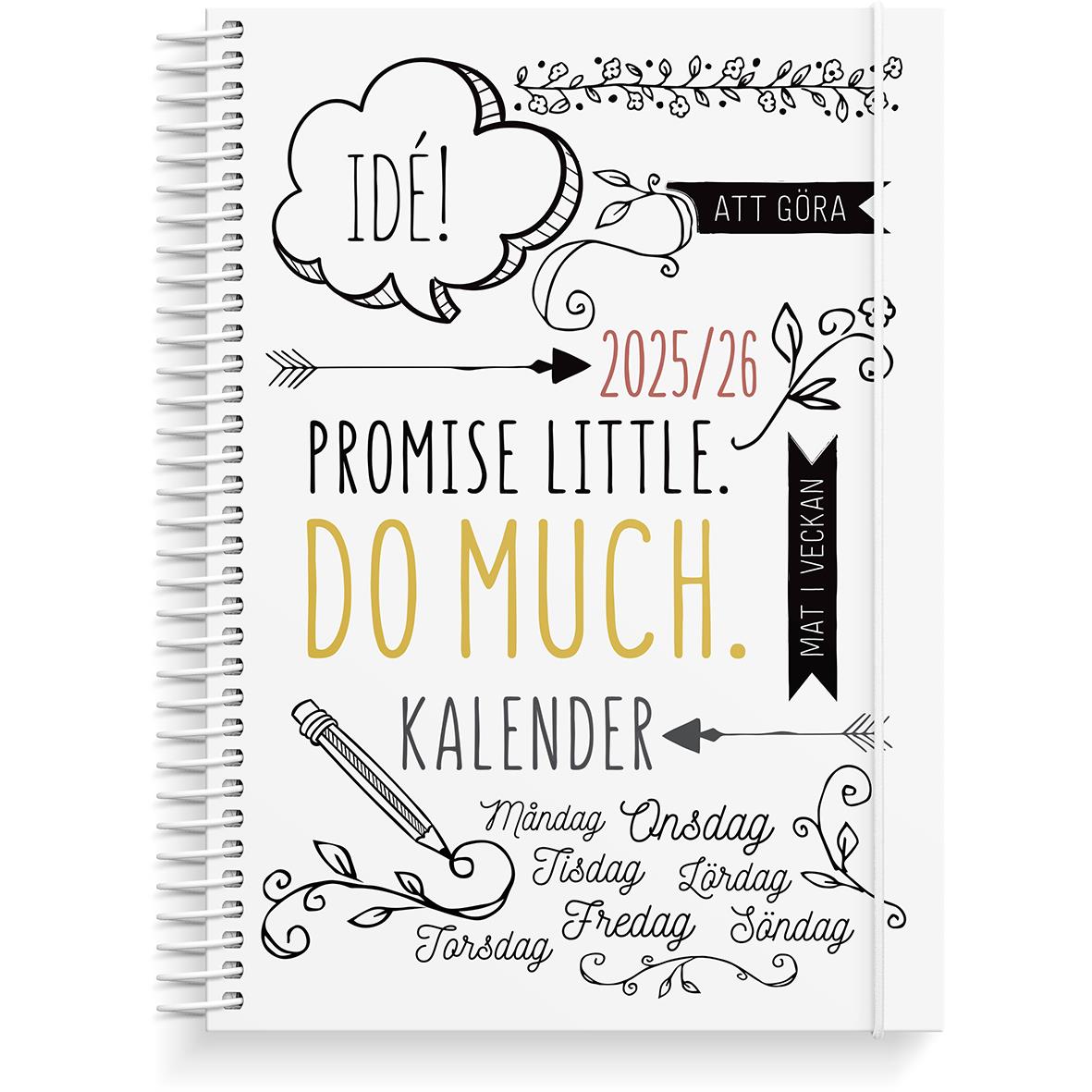 Almanacka för 2025/26 med doodle-design, veckodagar och plats för att skriva mål och löften, A5-format