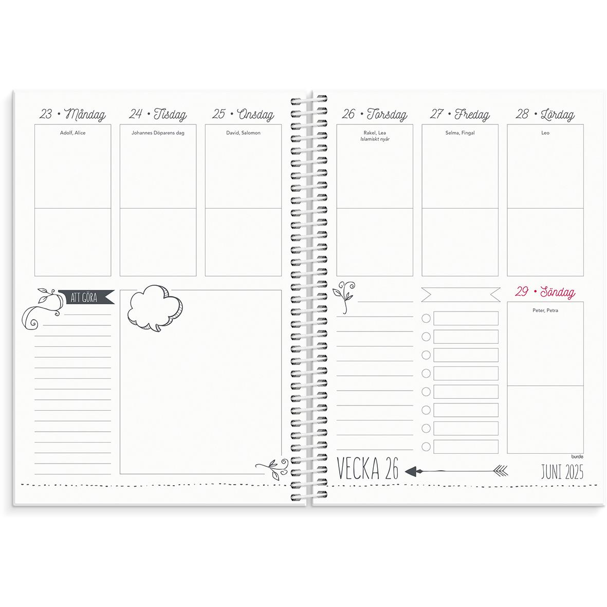 Öppen almanacka för vecka 26 i juni 2025 med plats för dagliga planer och anteckningar